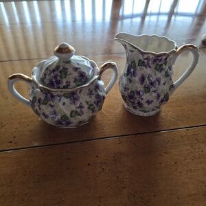 Vintage Lefton Violet Chintz china creamer and lidded sugar bowl set. 